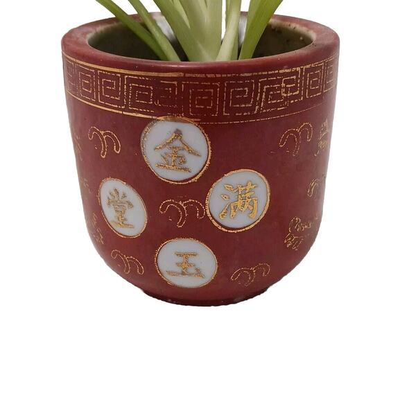 VNT Chinese Republic Ceramic Red Orange GOLD Flower Pot CHINA with SPIDER PLANT! - Picture 4 of 11